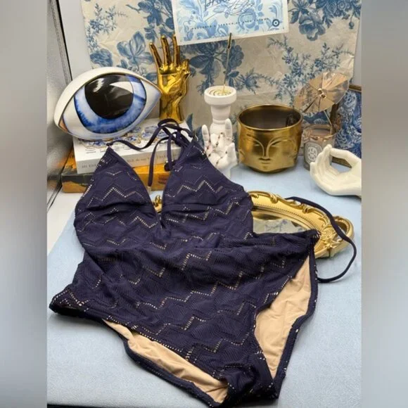 🆕 ZIMMERMANN 🧿NWOT Pointelle-Knit Halterneck Swimsuit, Plum-Navy, Sz 3 US 8/10 - Picture 9 of 14